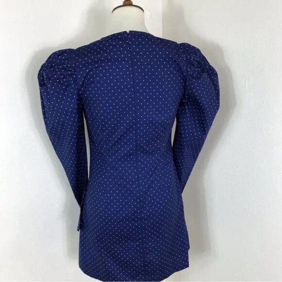 NWT DANIELLE BERNSTEIN Navy Long puff sleeves POLKA DOT DRESS Rhinestone buttons - Picture 4 of 10